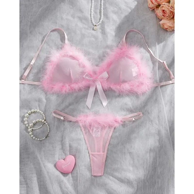 Valentine Lingeries Sexy Hot Cute Bra Hilitos 2PC Romantic Intimate Fluffy Decor Pure Desire Fantasy Women's Underwear — image 1