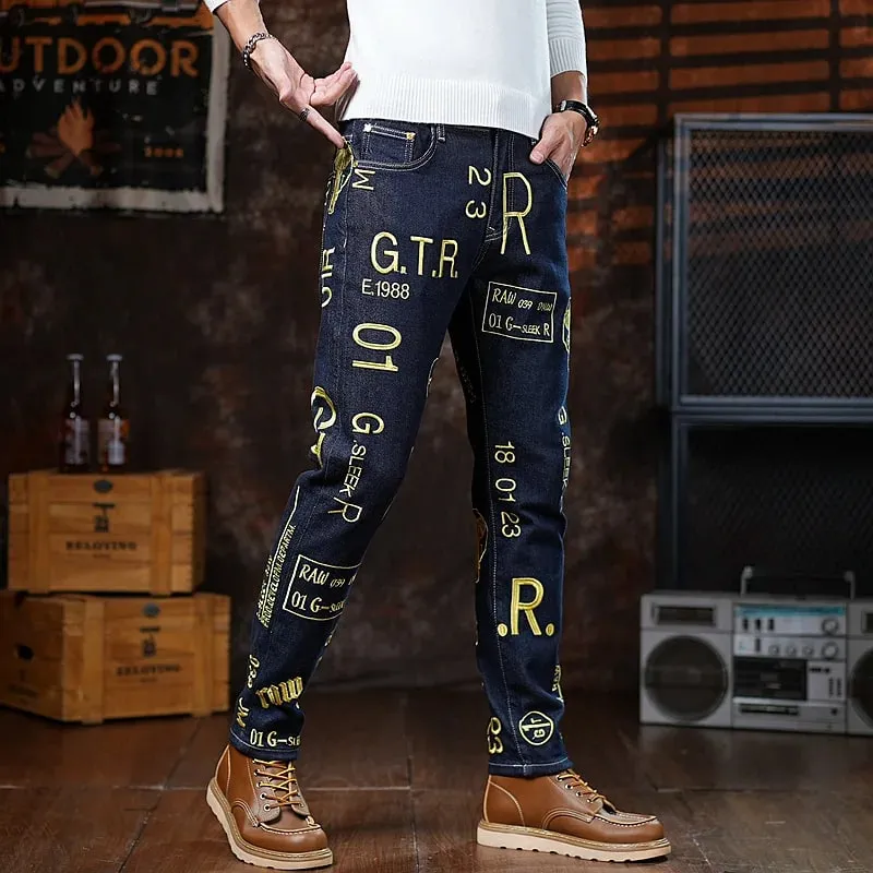 High end 2025 autumn new slim fit small leg pants for men personalized embroidery printed fashion trend jeans — image 3