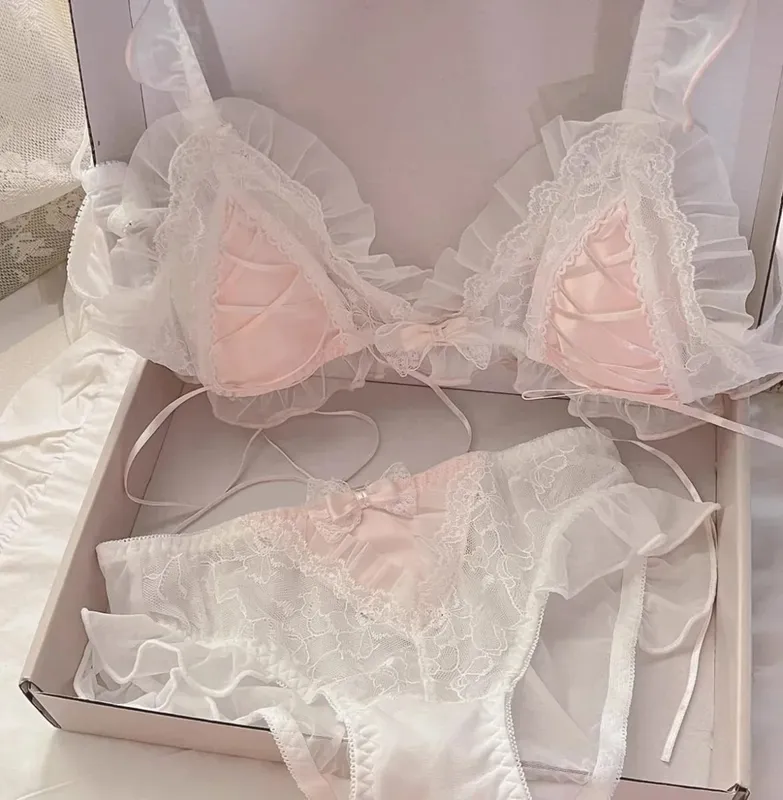Lolita Style Thin Lace Triangle Cup Bra Set for Women Cute Small Bust Sexy Lingerie Underwear — image 8