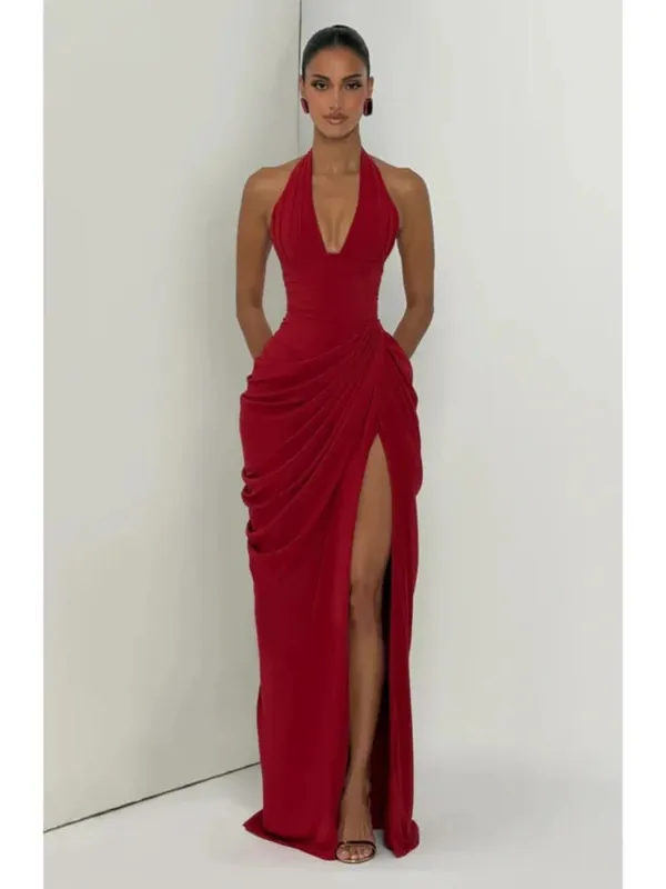 Gaun Halter Berlipat Solid Fashion Wanita Gaun Maxi Belah Punggung Terbuka Tanpa Lengan Cinch Pinggang 2026 Gaun Pesta Wanita Musim Panas Seksi