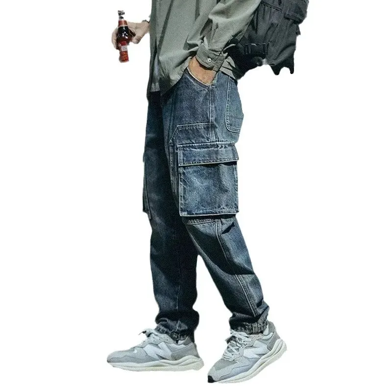 Denim Pant Men Jeans Vintage Wash Cargo Long Pants Loose High Waist Straight Trousers Pocket Y2k Streetwear Elegant Casual 2026 — image 2