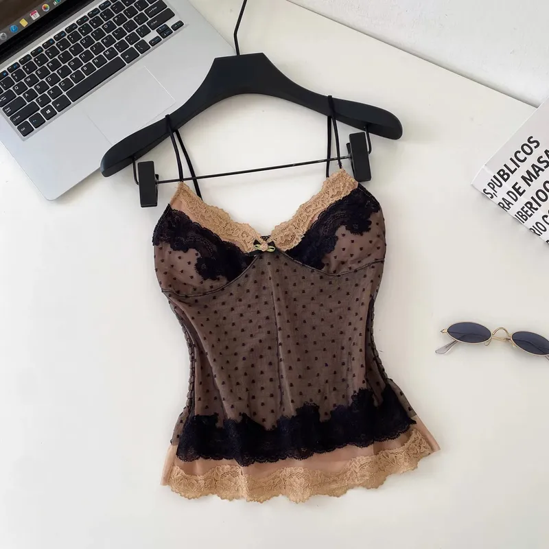Polka Dot Mesh Lace Top French V Neck Shirred Stretchy Slim Backless Female Tank Top Summer Y2K Sensual Lazy Camisole — image 7