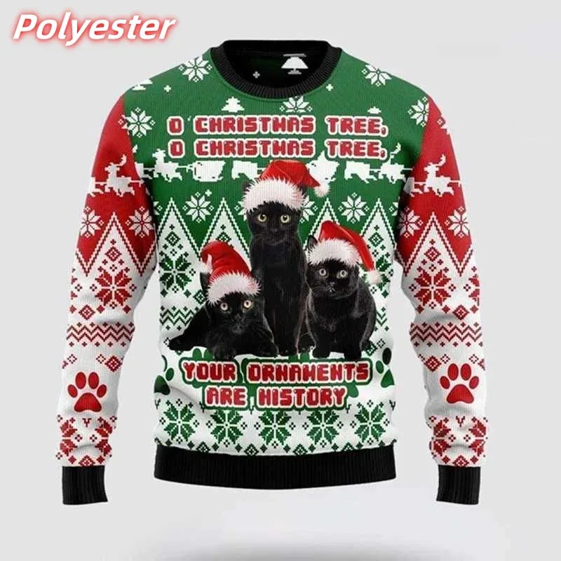 3D Printed Cat Snowflake Hoodie For Men Christmas Gift Pattern Sweatshirt Casual Long Sleeves Pullovers Round Neck Hoodies