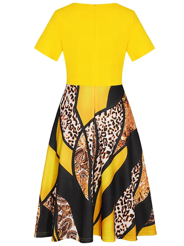 Womens Short Sleeve Elegant Floral Work Office A-Line Patchwork Midi Casual Party Slim Fit And Flare Swing A-Line Dress — image 2