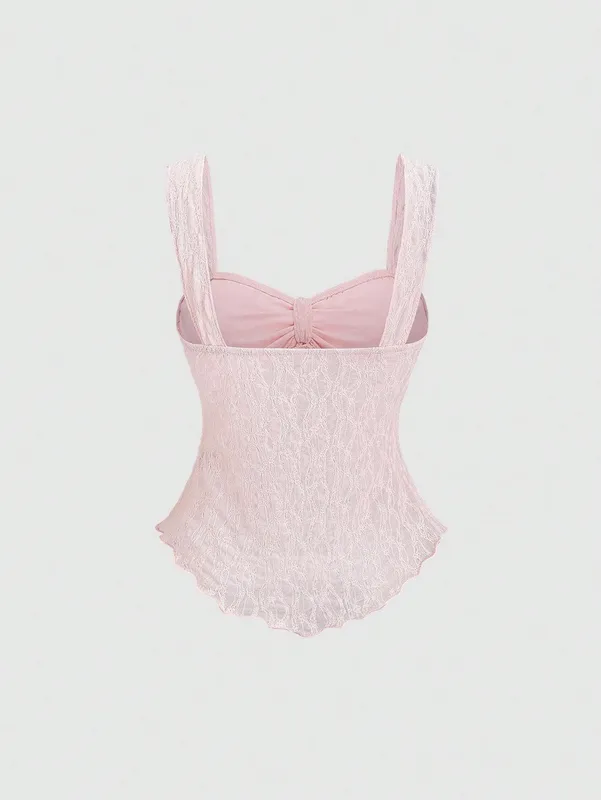 French soft pure aesthetic women cropped camisole solid lace jacquard fabric bow ornament waist cinched versatile sleeveless inn — image 7