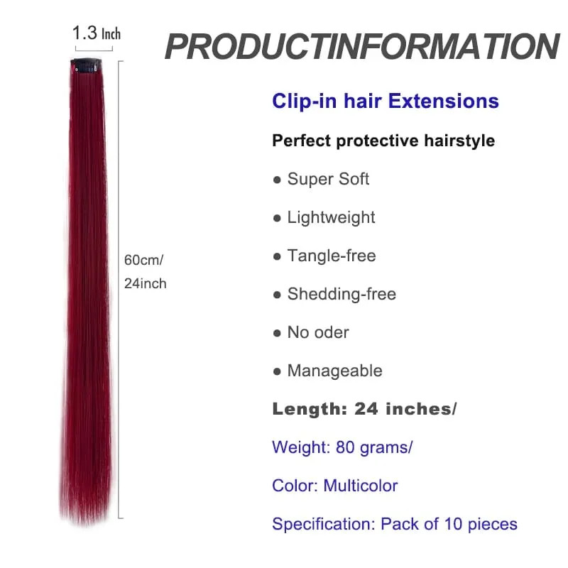 10PCS Hair Extensions Clip in -24 inch Colorful Hair Extensions Party Highlights Long Straight Synthetic Wigs Suitable for Girl — image 3