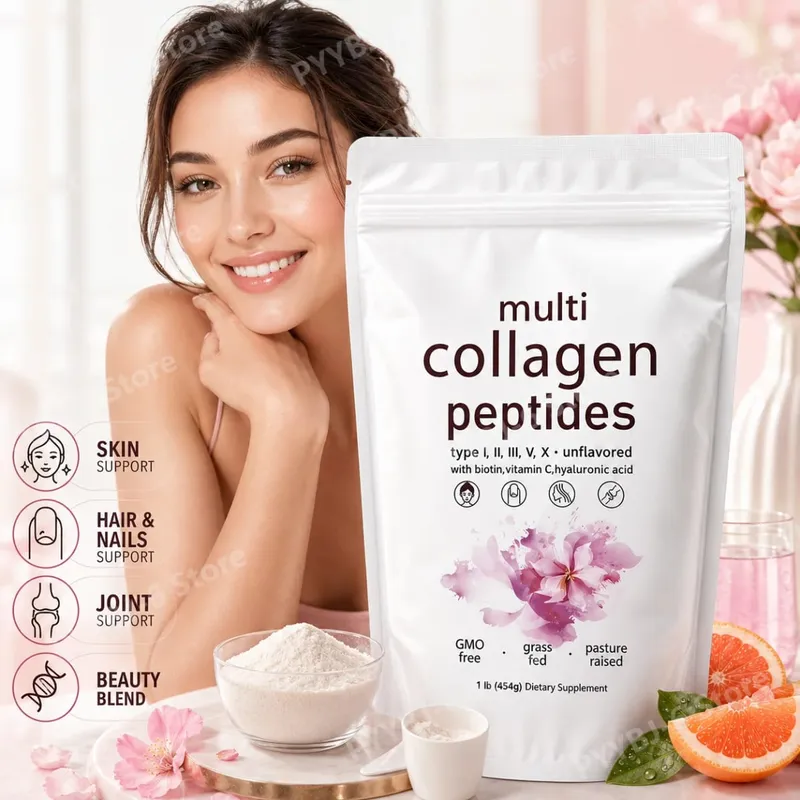 Polvo de péptidos múltiples de colágeno, mezcla de colágeno sin sabor de 454g con vitamina C, biotina, ácido hialurónico, soporte para piel, cabello y uñas