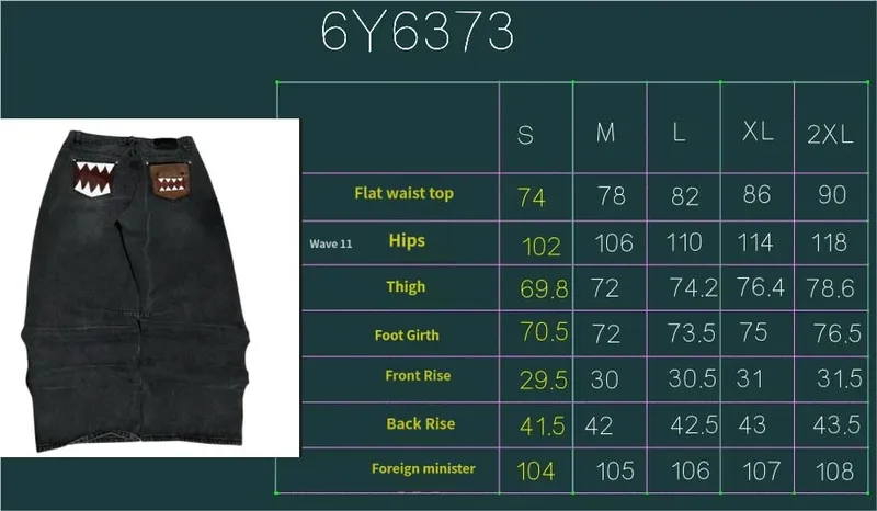 Washed Black Baggy Men Monster Tooth Embroidery Jeans Pocket Wide Leg Denim Pants Y2k Streetwear Hip Hop Loose Trousers Unisex — image 7