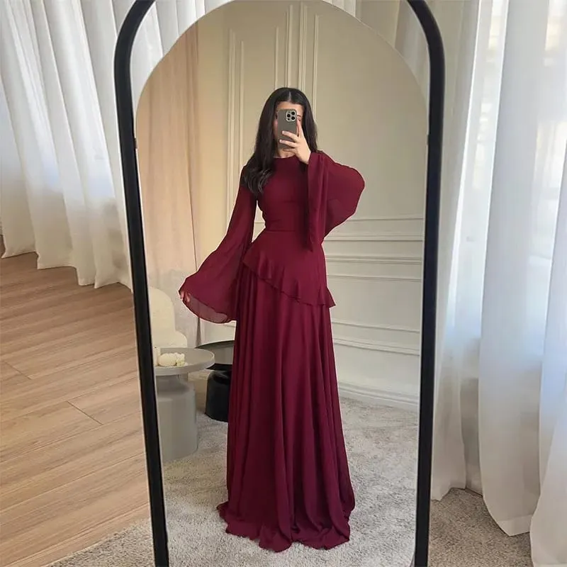 Women Chiffon Solid Ruffled Dress Flare Sleeve Round Neck 2025 New Elegant Maxi Gown Evening Party Fashion Holiday Lady — image 4