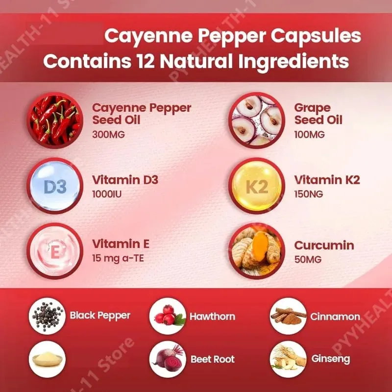 Suplemento de cápsulas de pimenta caiena com semente de uva, beterraba, cúrcuma, vitaminas D3 K2, suporte de ervas, veias das pernas, saúde dos vasos sanguíneos — image 2
