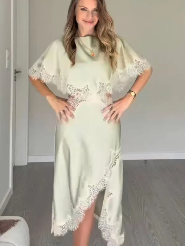 Women's Lace Trim Dress Cloak Sleeve Asymmetric Hem Cut Out Mini Dress Elegant Street Fashion Casual O Neck Dresses — image 2