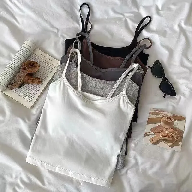 2PCS/SET Women's Basic Cotton Camisole madam Solid Color Spaghetti Straps Sleeveless Slim Vests Breathable Short Sleeveless Tops — image 3