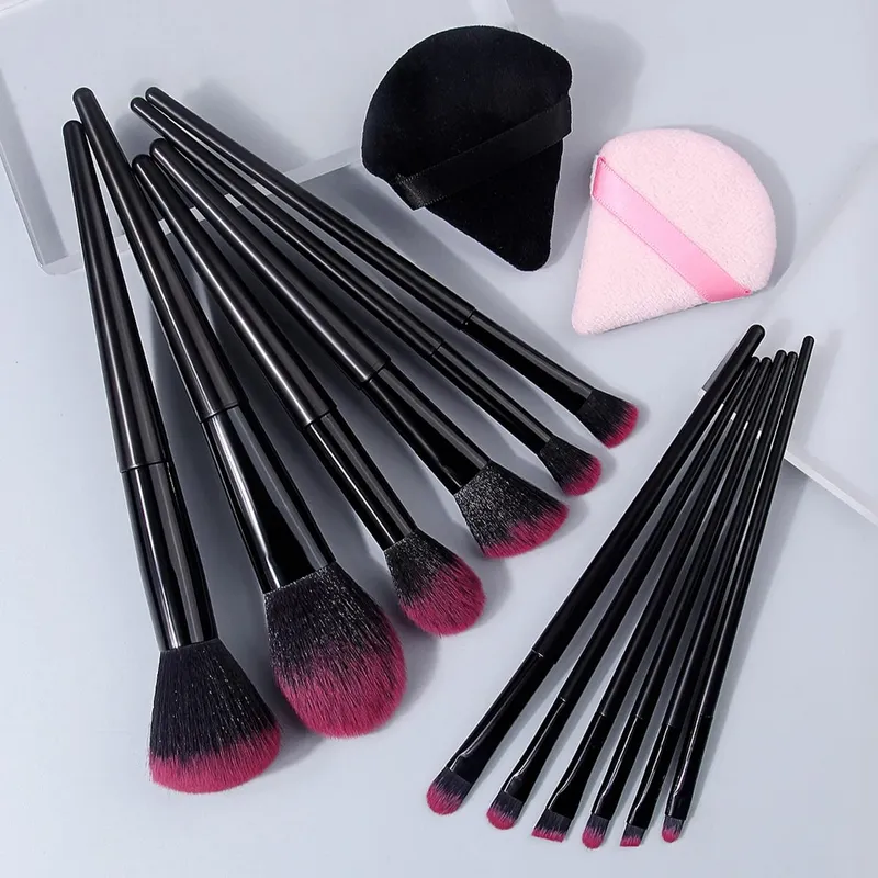 Hot Sale 14Pcs Complete Makeup Brushes Kit Soft Skin-Friendly Fluffy Cosmetic Brushes with Black & Pink Triangle Makeup Puffs — image 3