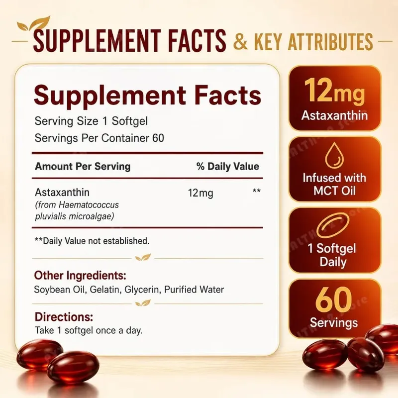 Astaxanthin 12mg Softgels Triple Strength Antioxidant Eye Skin Health Support Microalgae MCT Oil 60 Softgels Dietary Supplement — image 3