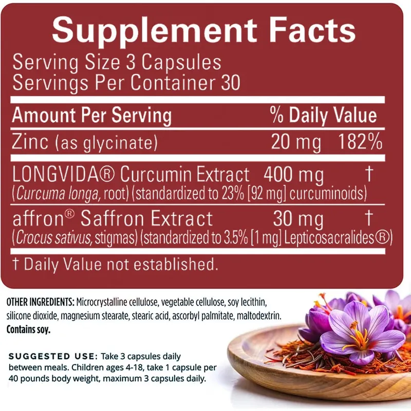Saffron Supplements With Saffron Flower Extract Curcumin & Zinc for Mood Memory & Eye Health Joint Supplements for Men Women — image 6