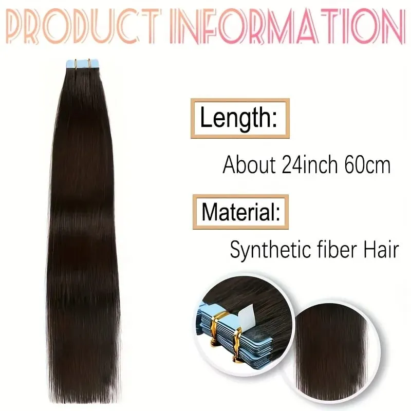 Tape In Bio Synthetic Hair Extensions 10pcs/ lot 24inches Heat Resistant Fiber Straight Seamless PU Skin Weft Tape Ins For Women — image 3