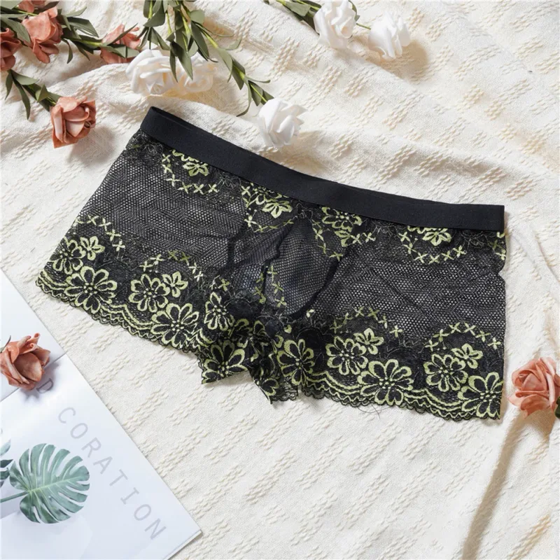 Men Lace Jacquard Mesh Boxer Shorts Underwear Hollow Temptation Exotic Trunks Silk Soft Quick Dry Breathable Sexy Panties — image 15