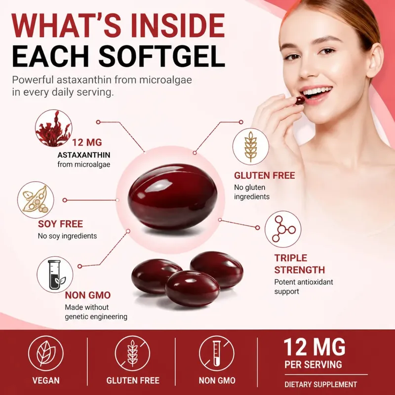 Astaxanthin Supplement 12mg Softgels from Microalgae with Antioxidant Support for Skin Health & Healthy Aging 120 Count — image 5