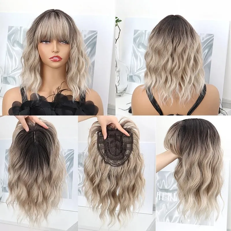 14Inch Synthetic Short Wave Curly Topper Hair Extension Invisible Coverage & Built-in Bangs for Women Daily Use Easy to Wear