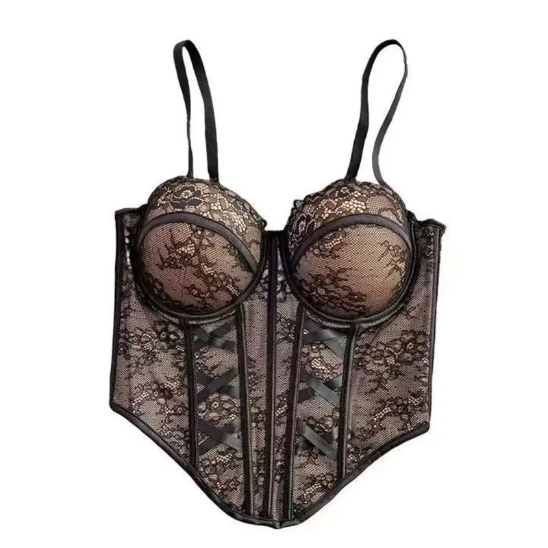 Mesh Flower Lace Corset Bottoming Shirt Spicy Girls Style Slim Lace Crop Top Fishbone Sleeveless Girl's Suspender Vest