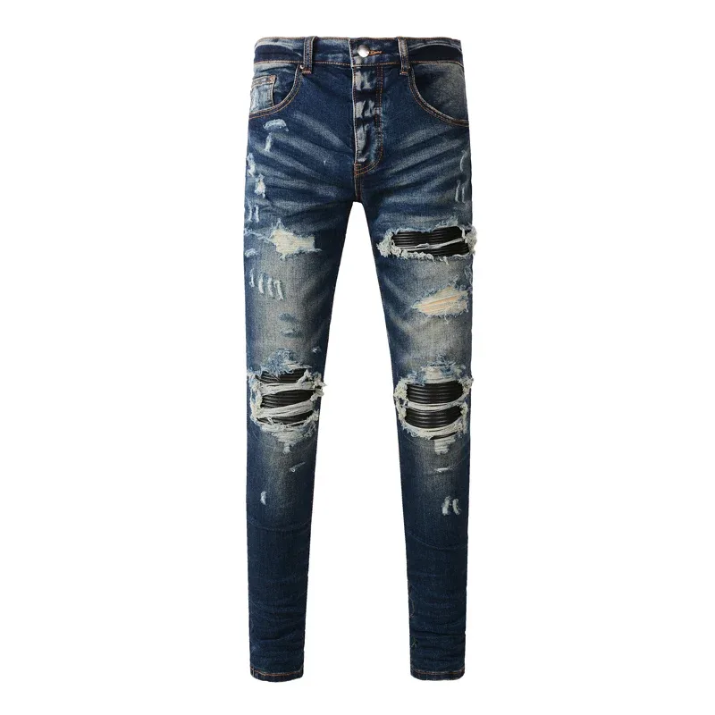 Fashionable New Men's Retro Blue Jeans With Pleated Elastic Perforated Blue Leather Patch Tight Tapered Pants Y2K — image 12