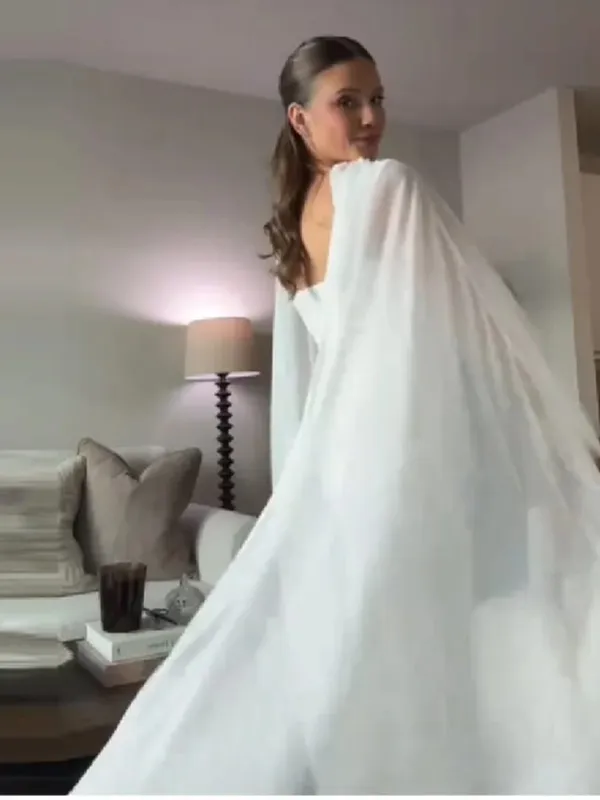 Sheer Cape Round Neck Maxi Dress For Woman Open Back Solid Plain Design Skirt Elegant Wedding Formal Evening Female Long Robes — image 7