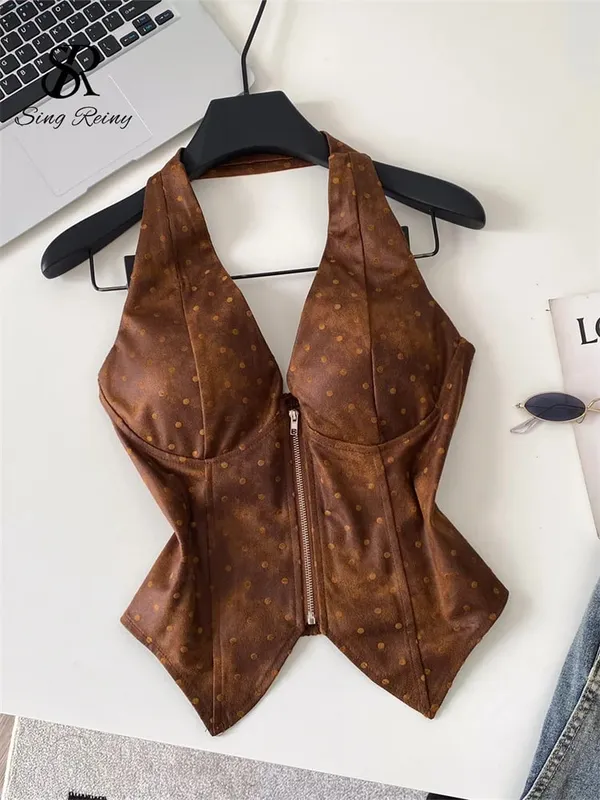 Polka Dot PU Leather Sexy Top Slim Backless Shirred Zipper Sensual Tank Top 2026 Women Trendy Halter Hotsweet Camisole — image 2