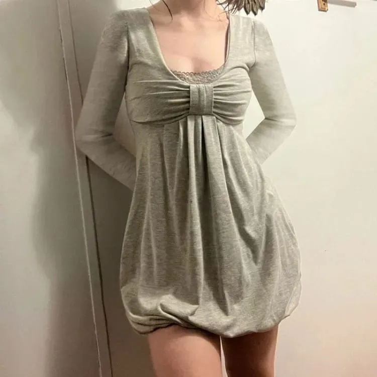 Elegante zoete strik patchwork nep tweedelige jurken sexy vierkante kraag jurk voor vrouwen lange mouwen losse vestidos femininos — image 3