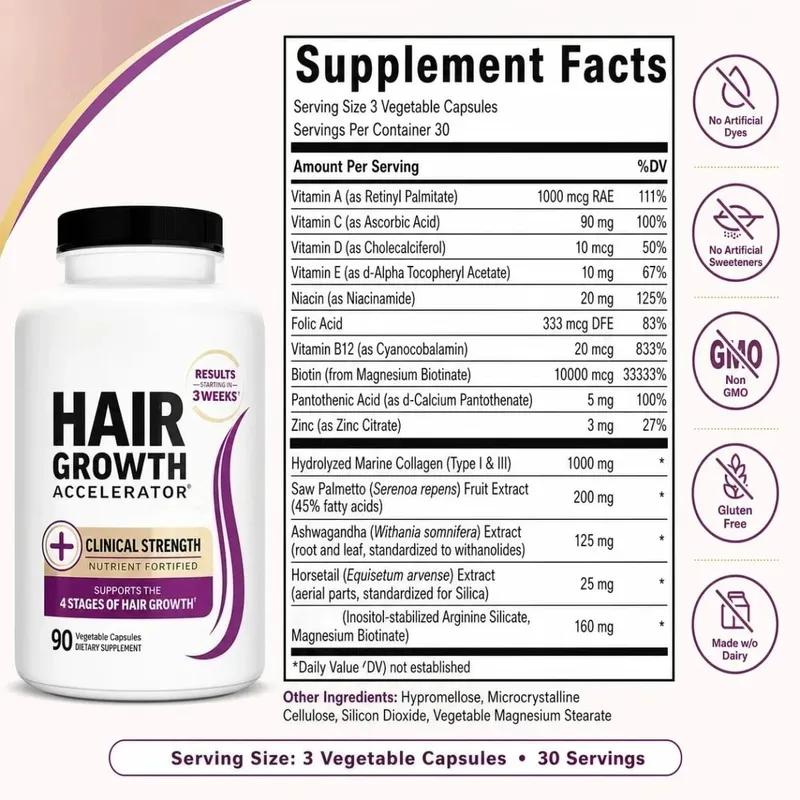 Hair Skin Nails Support Vitamins with Biotin Collagen Saw Palmetto 10000mcg Biotin Vegan Capsules Beauty Nutrition Formula — image 2
