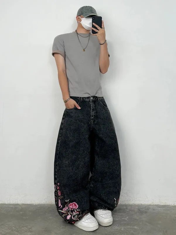 American Retro Embroidered Design Snowflake Gray Baggy Jeans Man Y2K Trendy Street Fashion Skateboard Style Versatile Long Pants — image 9
