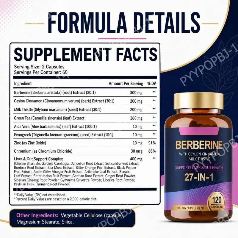 27 in 1 Berberine Supplement with Ceylon Cinnamon Milk Thistle for Liver Gut Health Immunity Men & Women 120 Vegan Capsules — image 2