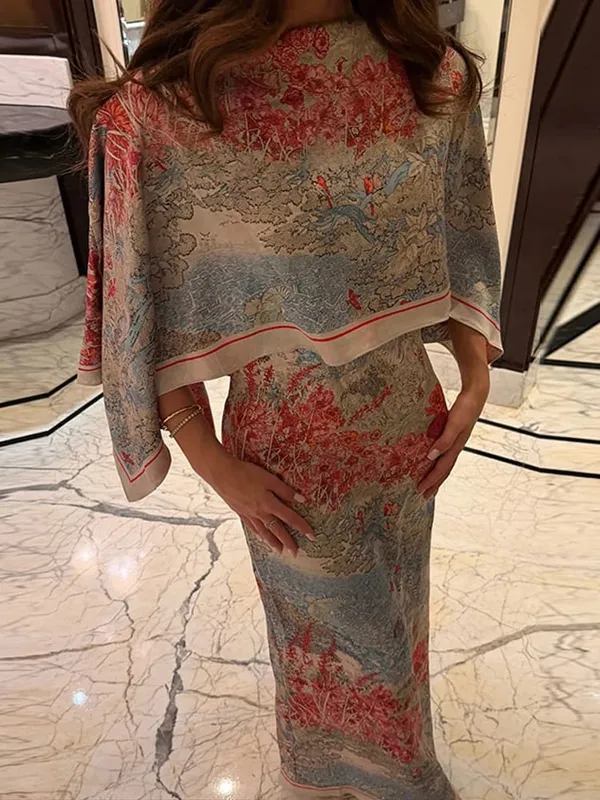 Women Tropical Leaf Print Cape Two Piece Set Batwing Loose Top High Waist Maxi Dress 2026 Summer Fashion Vacation Casual Suit — image 1