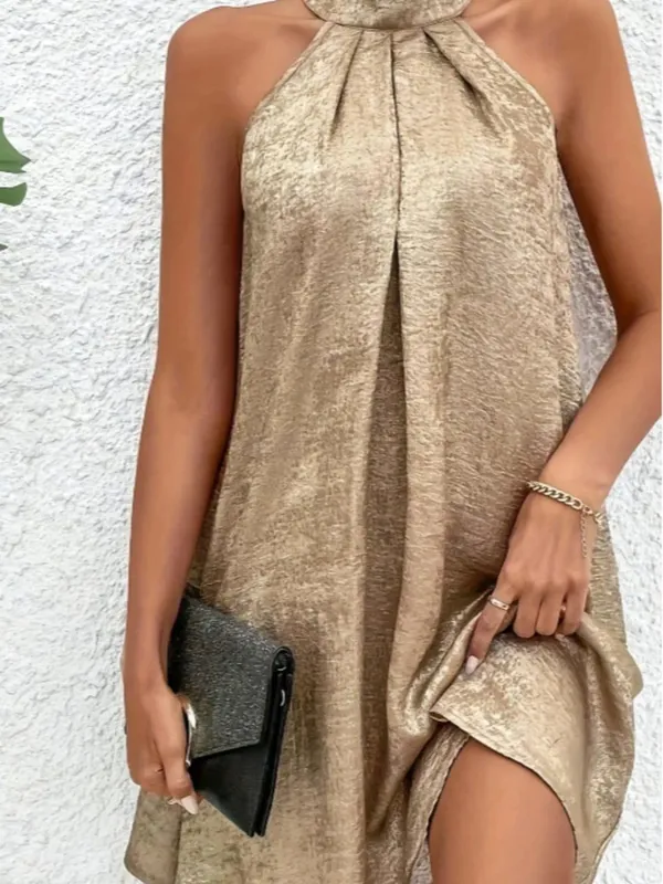 Champagne Color Women's Halter Neck Cold Shoulder Tie Back Spaghetti Strap Sleeveless Summer Dress Fashion — image 3