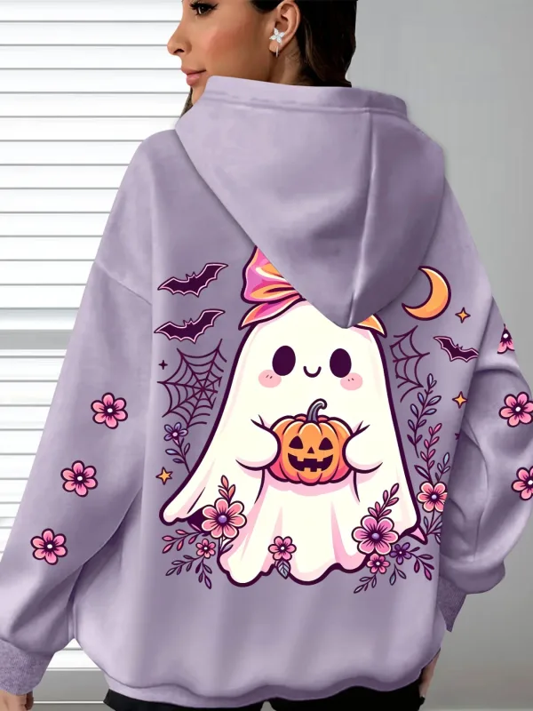 Women's Hooded Cute Ghost Hugging Pumpkin Halloween Theme Printed Hoodie Casual Long Sleeve Pocket Halloween Hoodies — image 9