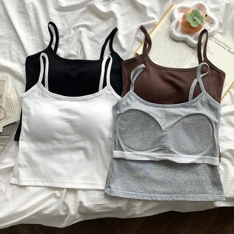 1PC Korean Women's Solid Color Spaghetti Straps Sleeveless Slim Camisole With Chest Pad — image 3