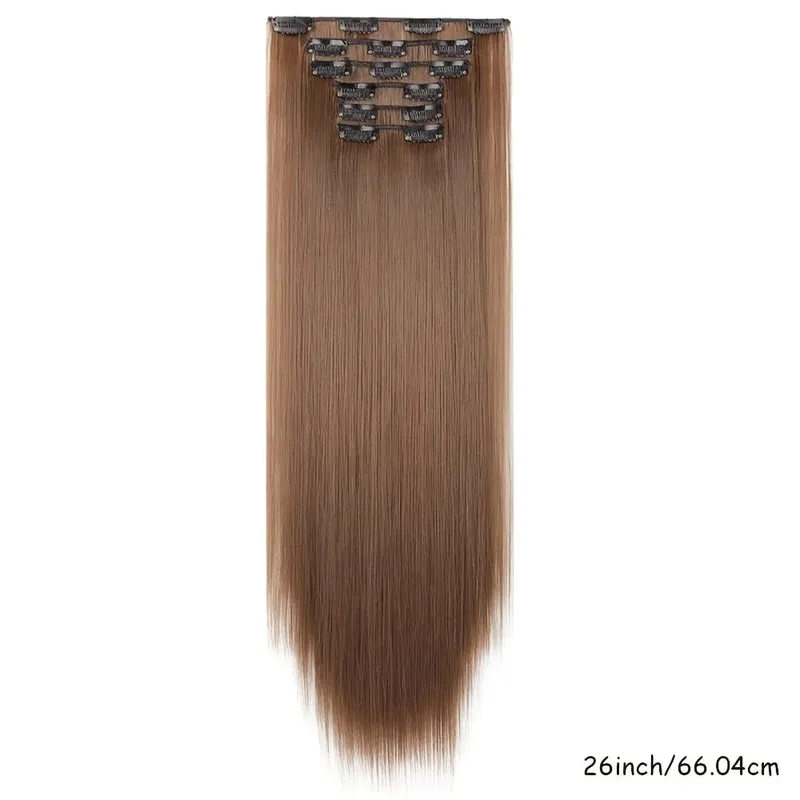 26-inch Light Brown Straight Synthetic Fiber Hair Extensions Multi-Clip Long Hair Extensions (6pcs) for Women