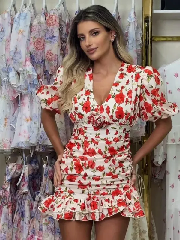 Chic Ruffle Print Slim Short Dress Women Chic Patchwork Flared sleeves V-neck Pleated Dresses 2026 Lady Summer Casual Vestidos — image 23