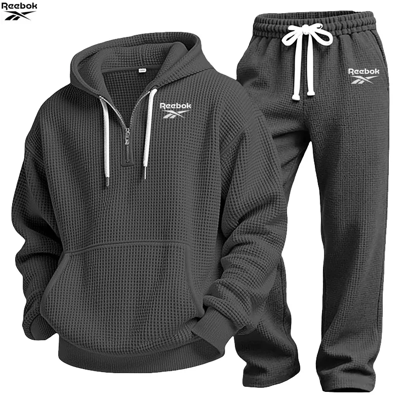 2026 Reebok Brand Spring-Autumn Men's Hooded Sweatshirt Set - Retro Solid Color Loose Fit Street Style Half-Zip Hooded Shirt - C