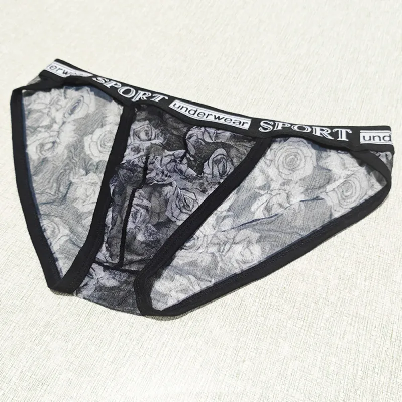 1pc Men Rose Printed Briefs High Fork Perspective Underwear Sexy Mesh Sheer Panties Breathable Comfortable Underpants — image 9