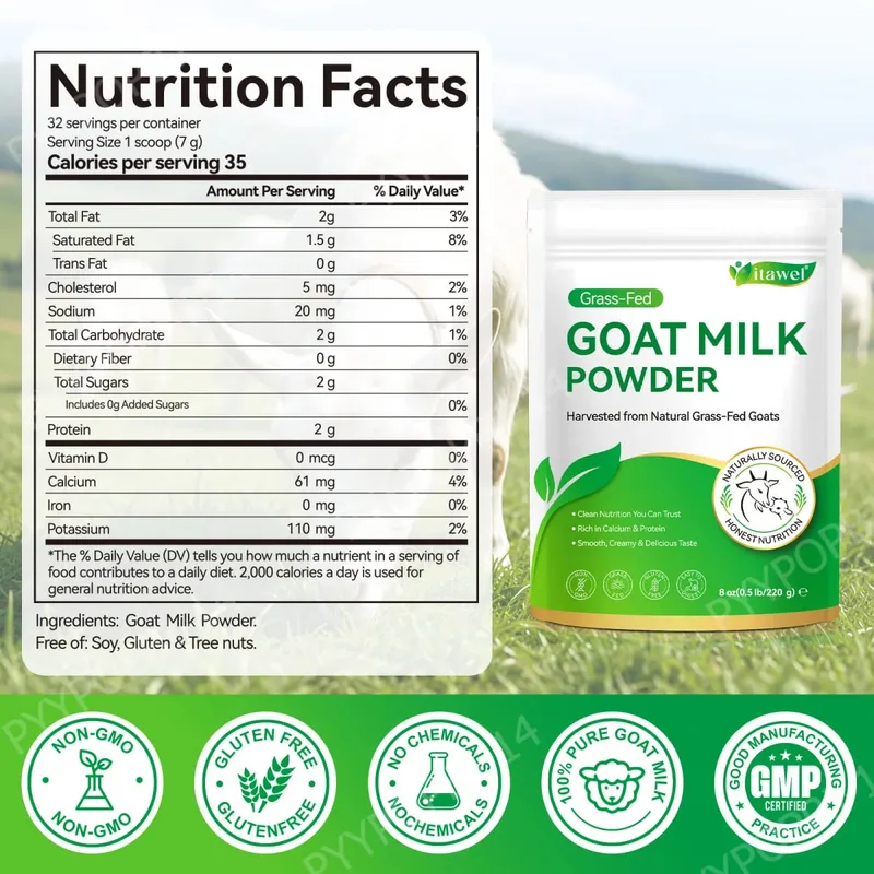 Itawel Goat Milk Nutrition Powder Supplement Grass-Fed Calcium & Protein Support Gluten-Free Easy to Mix 220g 32 Servings — image 3