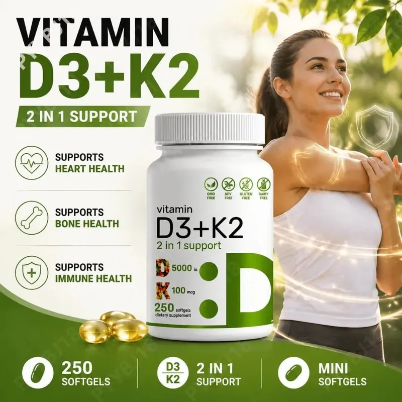 Vitamin D3 K2 Softgels with MK-7 5000 IU Vitamin D3 and 100 mcg Vitamin K2 for Daily Heart Bone & Immune Support 250 Softgels — image 1
