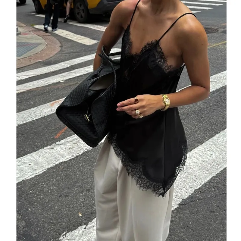 Women Sexy Satin Lace Trim Cami Tops Silk V Neck Spaghetti Strap Tanks Tops Y2k Coquette Loose Going Out Camisoles Streetwear — image 5