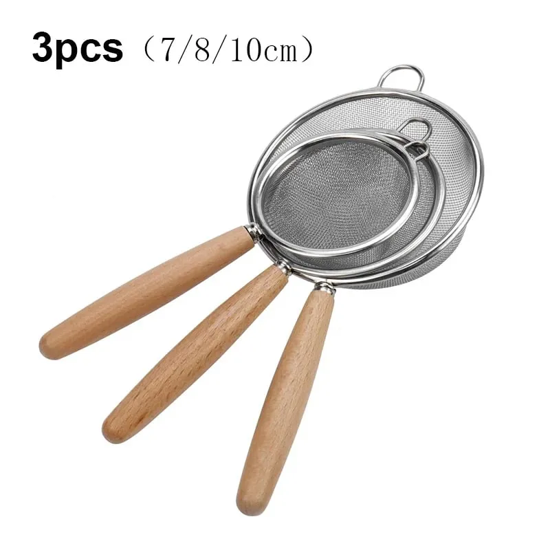 1-3pcs Wooden Handle Flour Sifter And Strainer Fine Mesh Stainless Steel for Home Baking Cooking Juice And Powder Filtering — image 16