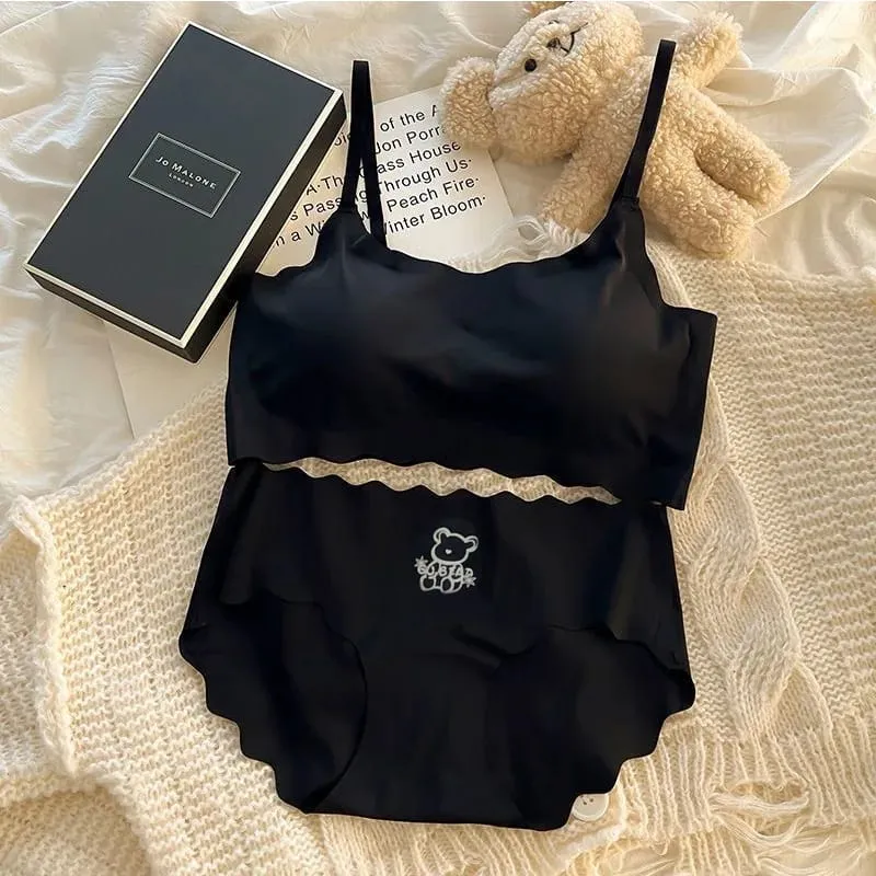 Women's Seamless Wireless Bralette Set Cute Bear Print No Trace Bra & Panty Comfort Lingerie for Daily Wear