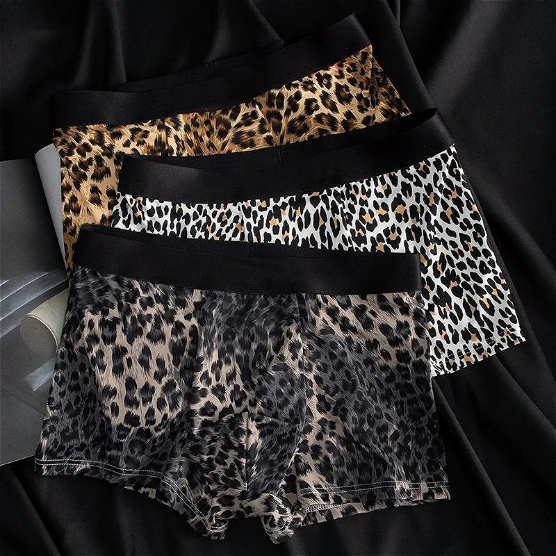 Celana Dalam Sutra Es Pria Celana Pendek Boxer Datar Kantong Cembung Celana Dalam Pria Macan Tutul Cepat Kering Celana Renang Sejuk Mulus — image 2