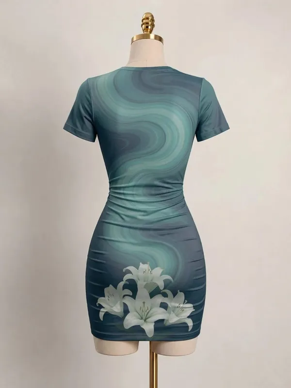 Womens Short Sleeve Bodycon Mini Dress Slim Fit Crew Neck Floral Print Casual Summer Party Cute Comfy Vacation Vacation Sundress — image 3