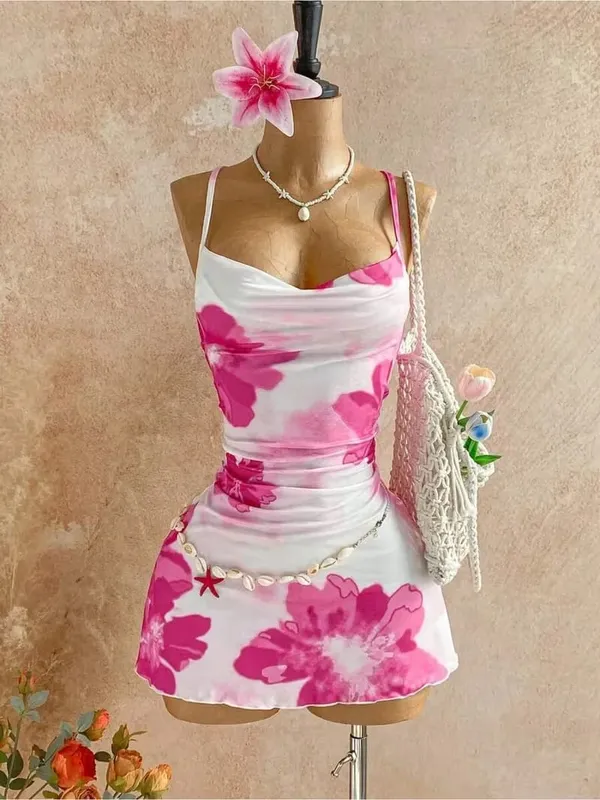 Women Thin Strap Cowl Neck Pink Floral Print Side Ruched Ruffle Hem Mini Bodycon Dress 2026 Summer Tropical Beach Y2K Going Out — image 2