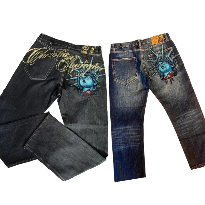 Harajuku Y2k Diamonds Wide Leg Jeans 2000s Casual Denim Pants High Waist Straight Jeans Vintage Statue of liberty Men Clothing — image 2