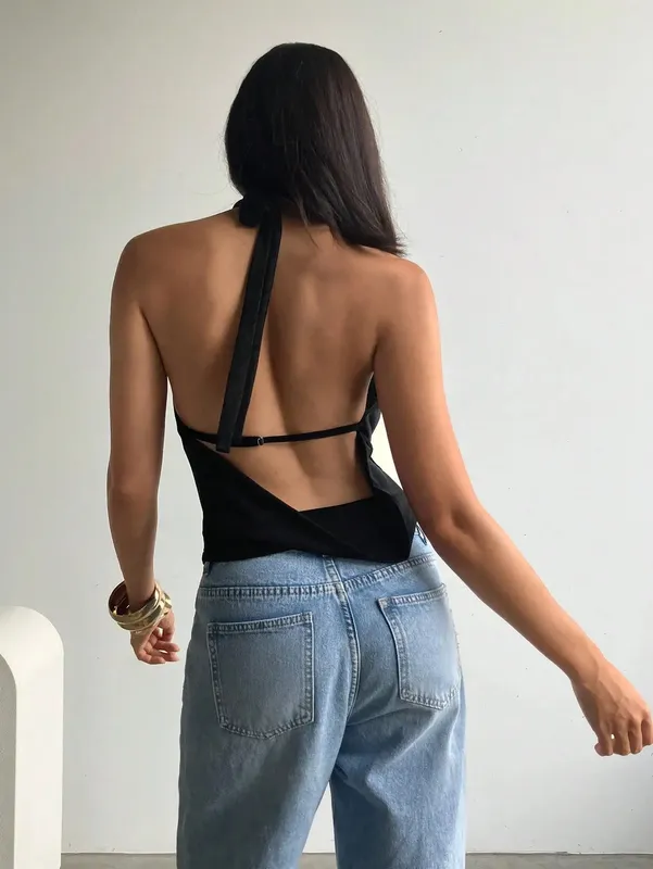 Women Halter Cowl Neck Deep Draped V Neck Sleeveless Slim Fit Cropped Cami Top 2026 Summer Solid Black Elegant Going Out Casual — image 2