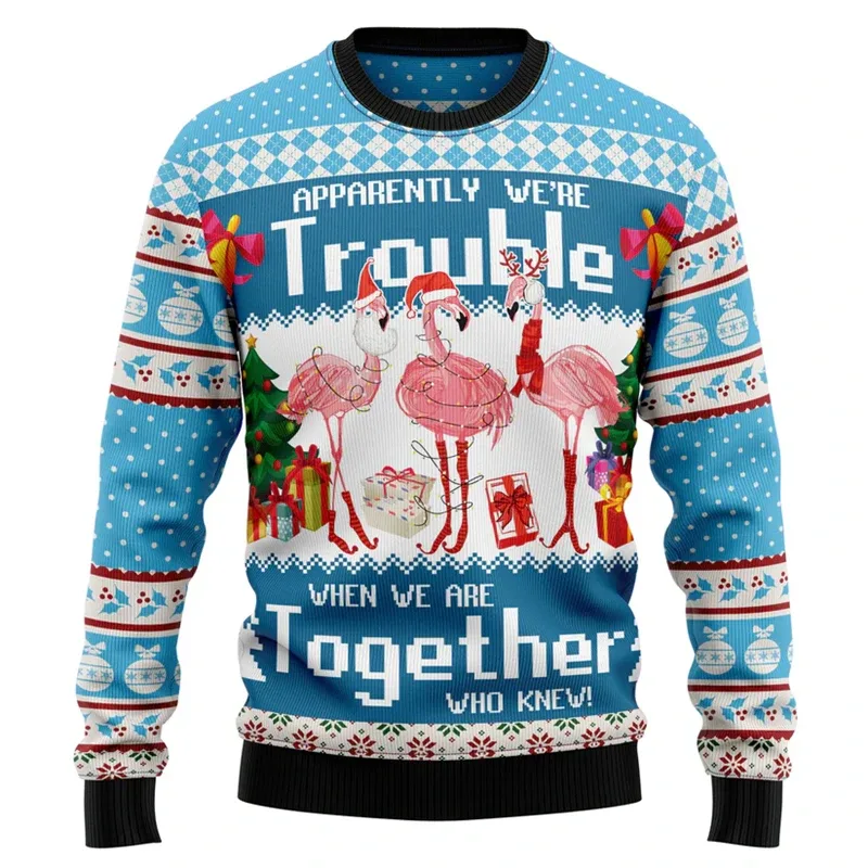Funny Flamingo Graphic Ugly Christmas Sweater Autumn Holiday Wear 3D Printed Sweatshirt Loose Streetwear Pullovers Mens Clothing